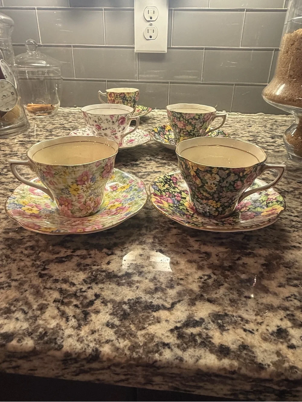 🌺 Five Vintage Rosina Bone China Tea Cup and Saucer Pink Floral Gold Rim